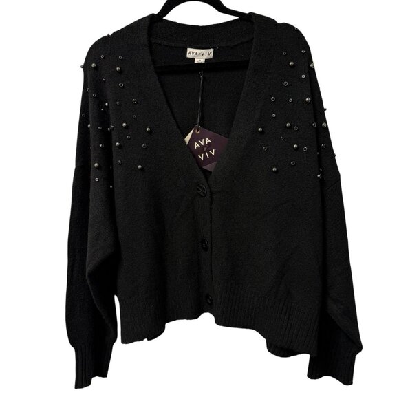 AVA & VIV EMBELLISHED CARDIGAN BLACK SIZE 3X KNIT ARTSY BEADED WINTER HOLIDAY - Picture 1 of 9